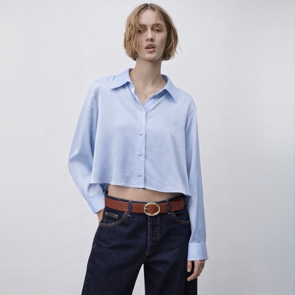 ZARA Satin Cropped Button-Front Blouse Light Blue Size M Minimal Chic